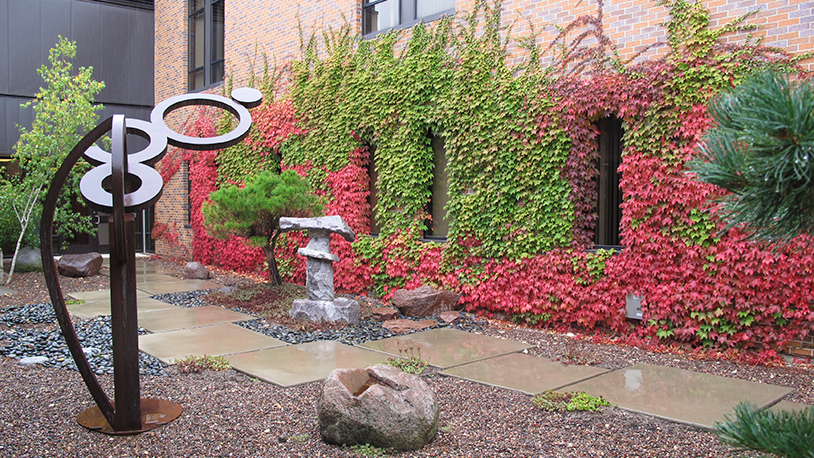 zen garden in spring with red leafed vines on wall