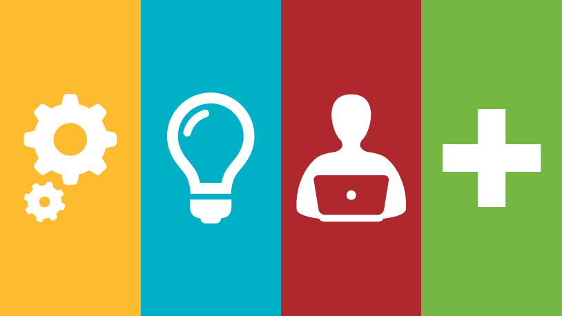 Drawings of a gear, a light, an outline of a human holding a laptop, and a medical cross