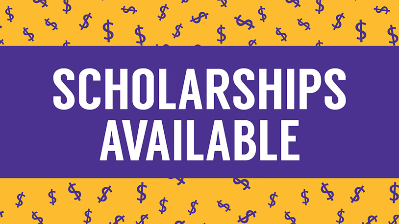 Bright yellow background with scattered dollar signs and bold white text announcing available scholarships.