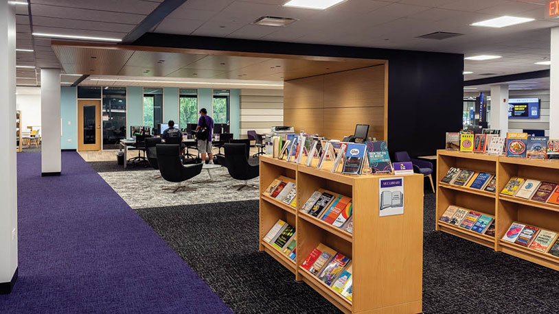 Modern library interior with purple carpet, wooden bookshelves displaying colorful books, and a person walking near computer workstations.