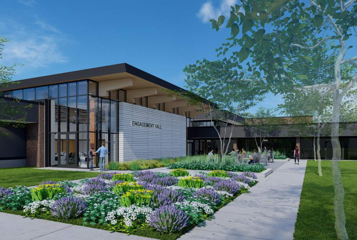 a rendering of the outside entrance to the Engagement Hall