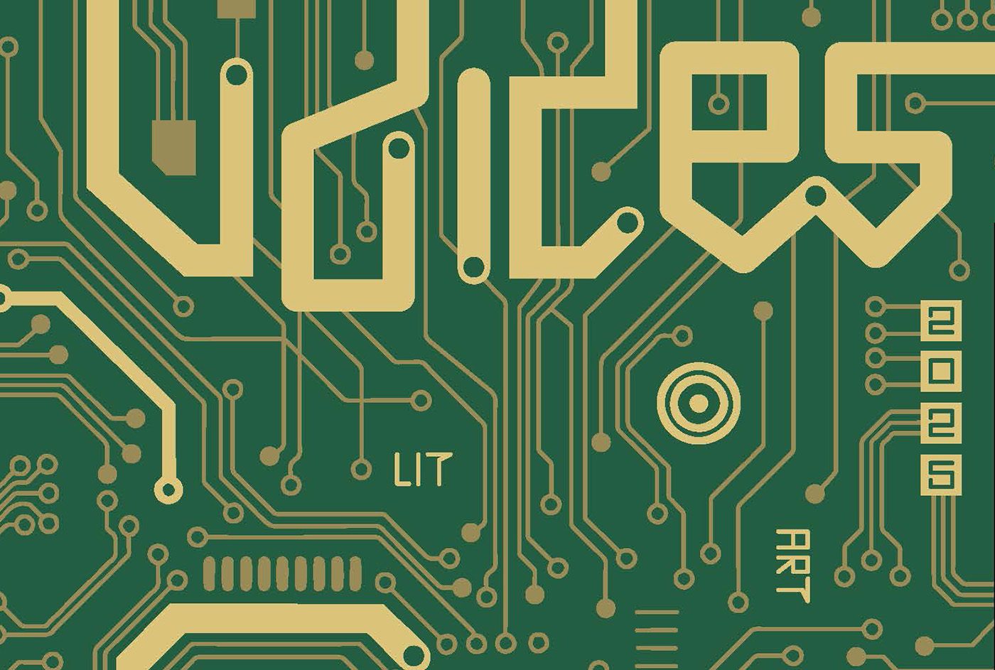 The cover of Voices 2025 magazine. It is green and resembles a computer chip. 