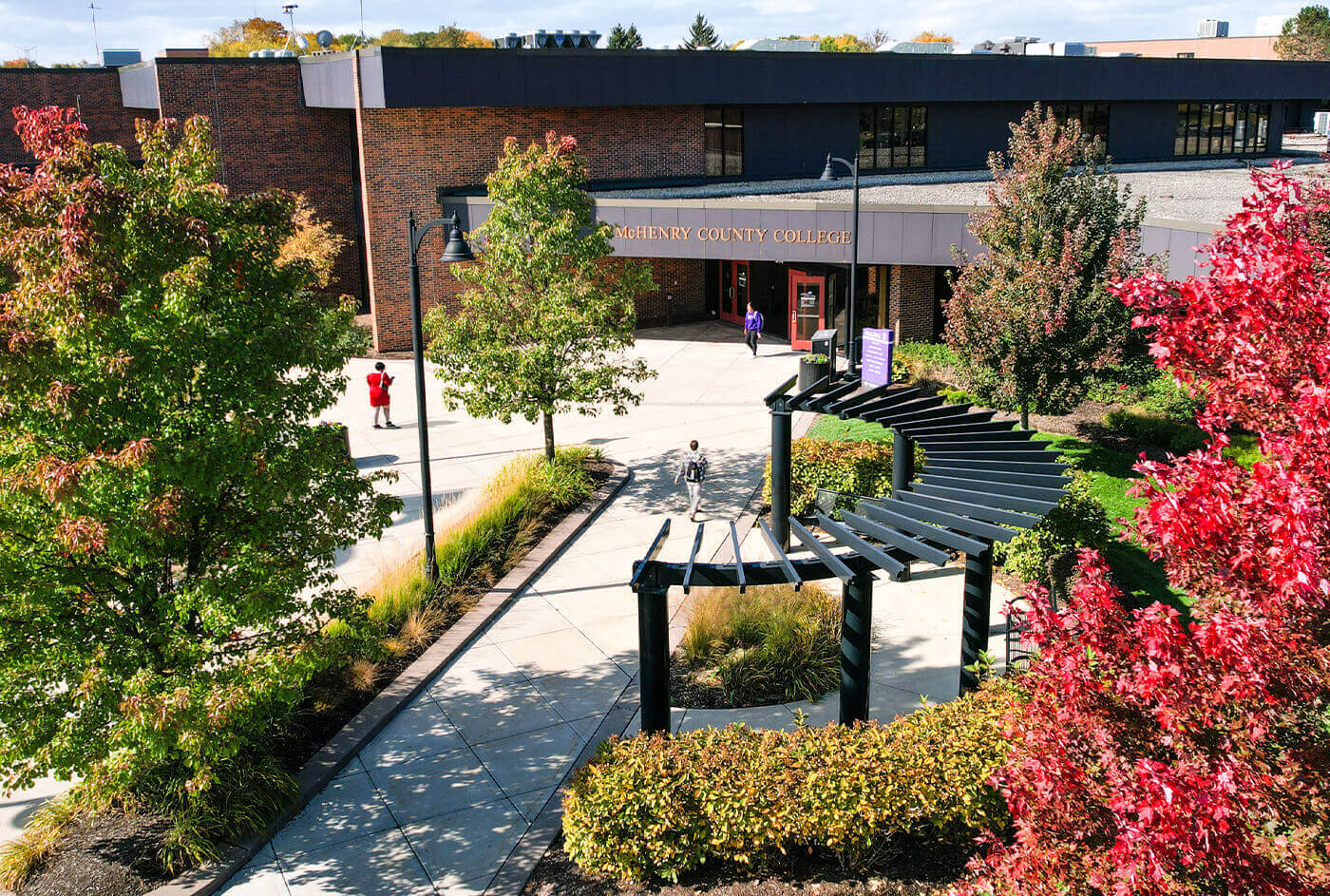 aerial photo of MCC entrance B during the fall