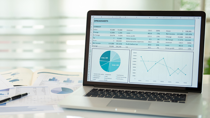A laptop screen showing a detailed financial spreadsheet with integrated pie charts and trend lines.