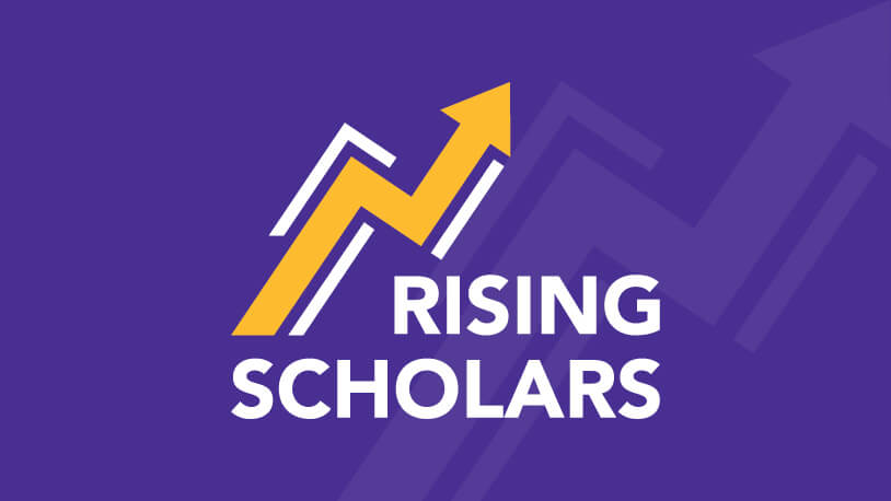 Logo of Rising Scholars on a purple background, indicating a program for motivated Harvard High School students aiming for college.