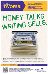 Promotional flyer showing cash and advertising a writing course called Money Talks. Writing Sells that helps sell ideas effectively.