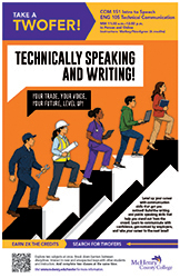 Graphic showing diverse individuals ascending steps with speech bubbles, advertising a technical communication class called Technically Speaking & Writing!